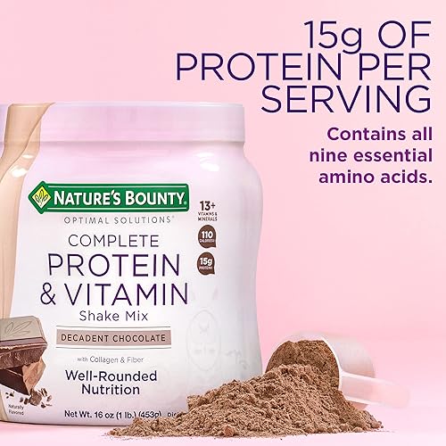 Nature's Bounty Complete Protein & Vitamin Shake Mix with Collagen & Fiber, Contains Vitamin C for Immune Health, Decadent Chocolate Flavored, 1 lb