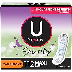 U by Kotex Security Maxi Feminine Pads, Overnight Absorbency, Unscented, 112 Count 4 Packs of 28 Packaging May Vary