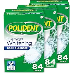 Polident Overnight Whitening Denture Cleaner Tablets, Effervescent Denture Cleanser Tablets - 84 Count Pack of 3