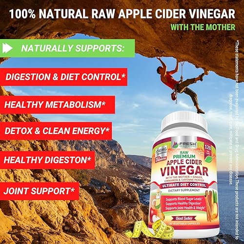 Premium Apple Cider Vinegar Capsules Max 1740mg with Mother - 100% Natural & Raw with Cinnamon, Ginger & Cayenne Pepper - Ideal for Healthy Living, Detox & Digestion -120 Vegan Pills