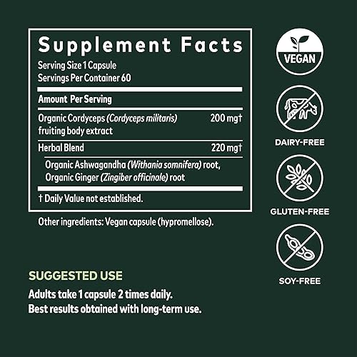 Gaia Herbs Adaptogen Performance Mushrooms & Herbs - Energy Support Supplement to Help Sustain Endurance and Stamina - Contains Cordyceps and Ashwagandha - 60 Vegan Capsules 30-Day Supply
