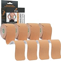 JB PreCut Kinesiology Tape 4 Rolls - Water Resistant, Sports Recovery & Support Tape for Joint & Muscle Pain, Latex Free Athletic Body Tape. Includes Manual. Beige