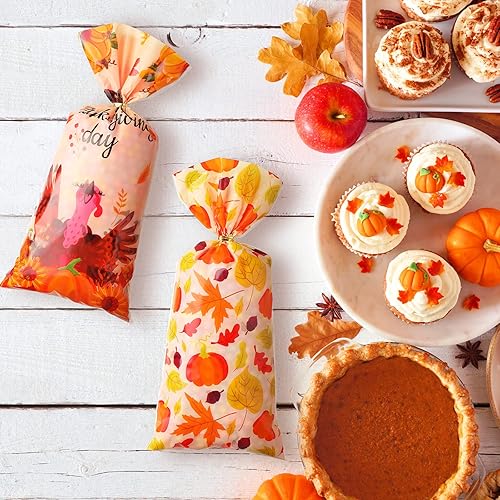100 PCS Thanksgiving Cellophane Bags Maple Leaf Pumpkin Treat Bag Goodie Candy Bags with 150 Twist Ties Party Supplies for Autumn Thanksgiving Party Serves Decor 4 Styles