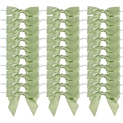 AIMUDI Sage Green Satin Ribbon Twist Tie Bows 3.5 Pretied Bows Premade Bows for Treat Bags Crafts Gift Wrapping Basket Wedding Favors Cookie Candy Bagging Cake Pop Bridal Shower - 50 Counts
