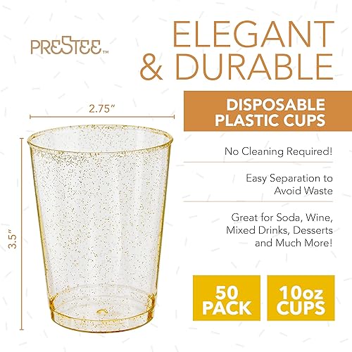 Glitter Disposable Cups | 10 oz. 50 Pack | Clear Plastic Cups | Gold Glitter Plastic Party Cups | Disposable Plastic Wine Glasses for Parties | Plastic Cocktail Glasses | Wedding Holiday Tumblers