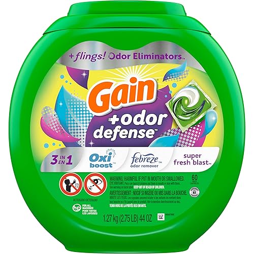 Gain Flings Laundry Detergent Pacs with Odor Defense, 60 Ct, Super Fresh HE 3in1 Detergent Pacs with Febreze and Oxi