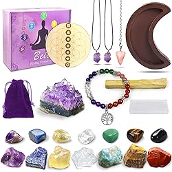 Healing Crystals Set, 23pcs Natural Healing Stones for Yoga Meditation Reiki, 7 Tumbled and 7 Raw Stones for 7 Chakras Balancing with Amethyst Cluster, Moon Tray, Pendulum, Necklace, Selenite