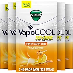 Vicks VapoCOOL Severe, Medicated Drops, Menthol Soothes Sore Throat Pain Caused by Cough, Honey Lemon Chill Flavor, 225 Drops 5 Packs of 45