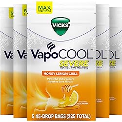 Vicks VapoCOOL Severe, Medicated Drops, Menthol Soothes Sore Throat Pain Caused by Cough, Honey Lemon Chill Flavor, 225 Drops 5 Packs of 45