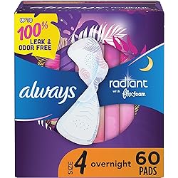 Always Radiant Feminine Pads for Women, Size 4, 60 Count, Overnight Absorbency, With Wings, Scented, 20 Count Pack of 3