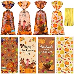 100 PCS Thanksgiving Cellophane Bags Maple Leaf Pumpkin Treat Bag Goodie Candy Bags with 150 Twist Ties Party Supplies for Autumn Thanksgiving Party Serves Decor 4 Styles