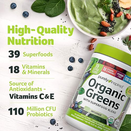 Greens Powder Smoothie Mix | Purely Inspired Organic Greens Powder Superfood | Super Greens Powder Organic | Fruit Veggie Superfood Powder | Green Smoothie Powder, 24 Servings Package May Vary