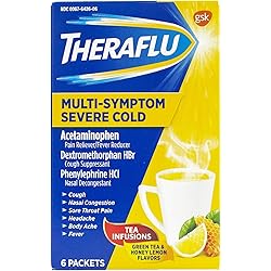 Theraflu Cold & Flu Relief Multi-Symptom Severe Cold With Lipton flavors, Hot Liquid Powder, Green Tea And Honey Lemon Flavors, 6 Packets