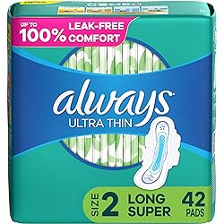 Always Ultra Thin Feminine Pads for Women, Size 2, Super Absorbency, with Flexi-Wings, Unscented, 42 Count