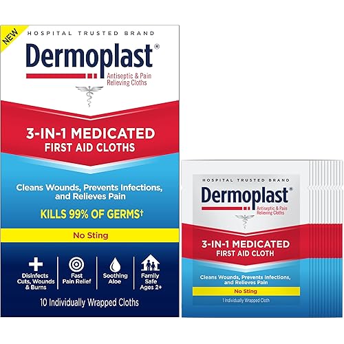Dermoplast 3-in-1 Medicated First Aid Cloths, Analgesic & Antiseptic Wipes for Treating Minor Cuts, Scrapes and Burns on the Go, Sting Free Formula, 10 Individually Wrapped Cloths