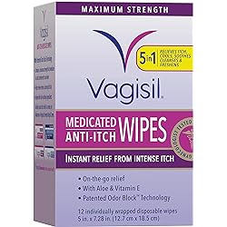 Vagisil Anti-Itch Medicated Feminine Intimate Wipes for Women, Maximum Strength, Gynecologist Tested, 12 Wipes