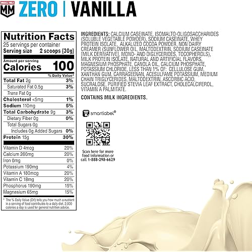 Muscle Milk Zero Protein Powder, Vanilla Crème, 1.85 Pound, 25 Servings, 15g Protein, Zero Sugar, 100 Calories, Calcium, Vitamins A, C & D, NSF Certified for Sport, Packaging May Vary
