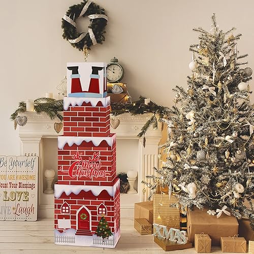Christmas Stackable Gift Boxes Set Xmas Nesting Box Soldier Present Stacking Boxes Chimney Christmas Box Decorations Wrapping Party Decor Chimney, 4 Pieces
