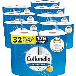 Cottonelle Ultra Clean Toilet Paper with Active CleaningRipples Texture, Strong Bath Tissue, 32 Family Mega Rolls 32 Family Mega Rolls = 176 Regular Rolls 8 Packs of 4 Rolls 388 Sheets per Roll