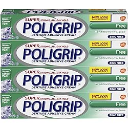 Super Poligrip Zinc Free Denture and Partials Adhesive Cream, 2.4 ounce Pack of 4