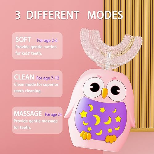 Kids Electric Toothbrush,U Shaped Ultrasonic Automatic Toothbrush Kids with 3 Brush Heads,Whole Mouth Baby Toothbrush,3 Cleaning Modes, IPX7 Water Resistant for Toddler 2-12, Pink