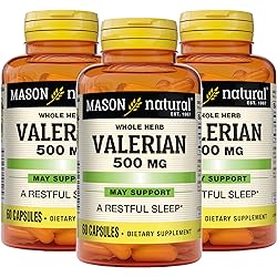 MASON NATURAL Valerian Root 500 mg, Natural Sleep Aid, Promotes Healthy and Restful Sleep, Herbal Supplement, Light Brown, 60 Count, Pack of 3