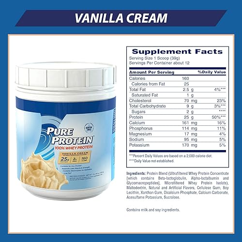 Pure Protein Powder, Whey, High Protein, Low Sugar, Gluten Free, Vanilla Cream, 1 lb