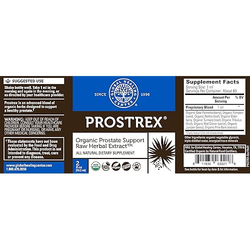 Global Healing Center Prostrex Organic Prostate Support, Saw Palmetto, Pumpkin Seed, Elderberry, Raw Herbal Extract, 2 Fl oz