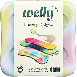 Welly Bandages, Adhesive Flexible Fabric Bravery Badges, Assorted Shapes for Minor Cuts, Scrapes, and Wounds, Colorful and Fun First Aid Tin, Colorwash Tie Dye Patterns, 48 Count Pack of 6
