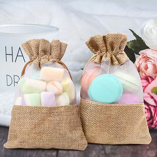 DERAYEE Drawstring Burlap Organza Bags, 5 x 7 Inch See Through Window Linen Jewelry Pouches for Wedding Party Favors 12-Pack