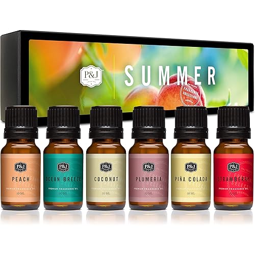 Summer Set of 6 Premium Grade Fragrance Oils -Peach, Strawberry, Plumeria, Coconut, Ocean Breeze, Pina Colada - 10ml