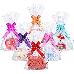 50 Counts Clear Flat Cello Treat Bags Cellophane Block Bottom Storage Bags Sweet Party Gift Home Bags with 60 Pieces Colorful Bag Ties 15 x 25 cm 5.9 x 9.8 Inch