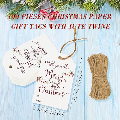 100 Pieces Christmas Paper Gift Tags Merry Little Christmas Tags Have Yourself a Merry Little Christmas Sign Xmas Paper Gift Tags Christmas Hanging Label Stickers with Jute Rope for Season Event