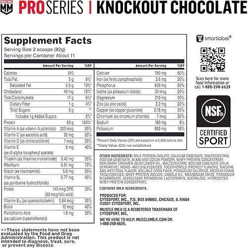 Muscle Milk Pro Series Protein Powder Supplement, Knockout Chocolate, 2.54 Pound, 14 Servings, 50g Protein, 3g Sugar, 20 Vitamins & Minerals, NSF Certified for Sport, Packaging May Vary