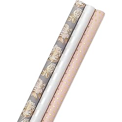 Hallmark Premium Wrapping Paper with Cut Lines on Reverse - Gold Hearts, Rose Flowers, White Stripes 3-Pack: 85 sq. ft. ttl for Birthdays, Weddings, Mother's Day, Valentine's Day, Bridal Showers