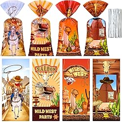 100 PCS Western Cowboy Cellophane Bags Cowboy Party Decorations Wild West Cowboy Gift Treat Bag Goodie Candy Bags with Ties Wild West Cowboy Birthday Party Supplies Favors