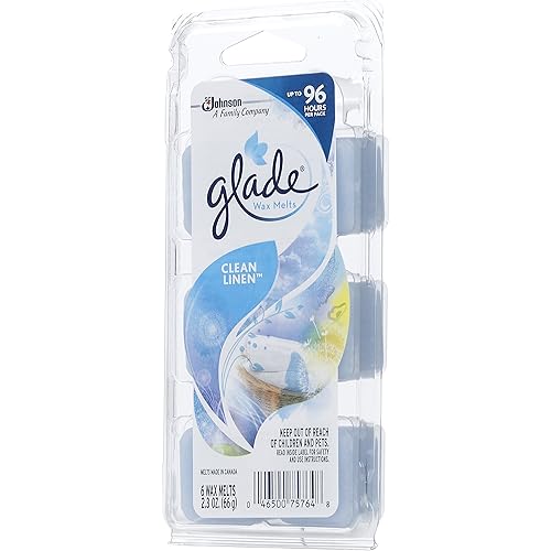 Glade Wax Melts Air Freshener, Scented Candles with Essential Oils for Home and Bathroom, Clean Linen, 6 Count