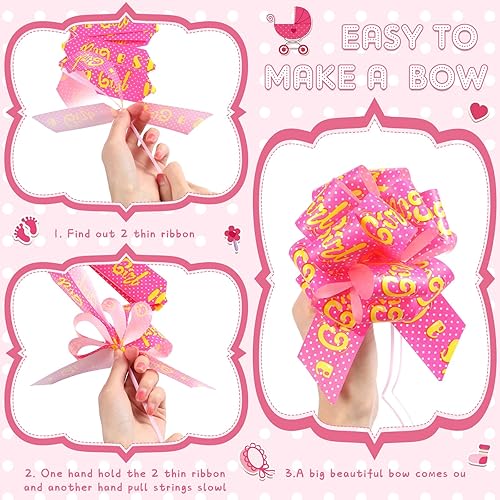 16 Pack Its a Girl Baby Shower Pull Bow 6 Inch Pink Pull Bow Mom to Be Cards for New Moms Gift Wrapping Bows for Baby Girl Shower Gender Reveal Party Favors