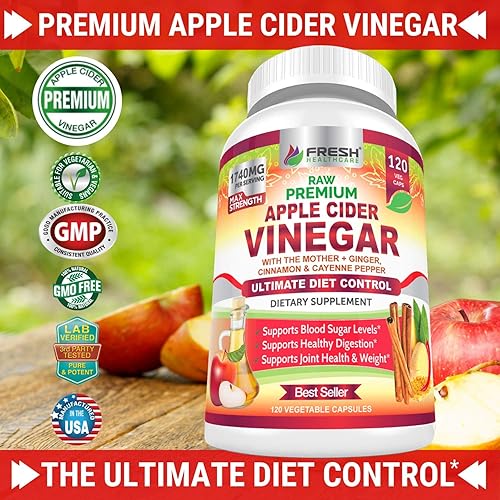Premium Apple Cider Vinegar Capsules Max 1740mg with Mother - 100% Natural & Raw with Cinnamon, Ginger & Cayenne Pepper - Ideal for Healthy Living, Detox & Digestion -120 Vegan Pills