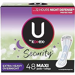 U by Kotex Security Maxi Feminine Pads with Wings, Extra Heavy Overnight Absorbency, Unscented, 48 Count 2 Packs of 24 Packaging May Vary