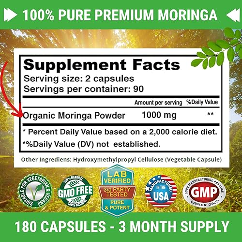 Moringa Oleifera 180 Capsules – 100% Pure Leaf Powder - Max 1000mg Per Serving - Complete Green Superfood Supplement - Full 3 Month Supply - Pure Miracle Tree Moringa Super Greens Powder Vegan Caps