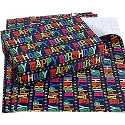 CAMKUZON Birthday Wrapping Paper with Cut Lines for Boys Girls Kids Men Women Baby Shower Party - 3 Large Sheets Rainbow Colored Happy Birthday Gift Wrap - 27 Inch X 39.4 Inch Per Sheet