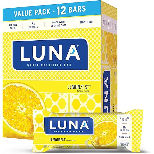 LUNA BAR - Gluten Free Snack Bars - Lemon Zest - 8g of Protein - Non-GMO - Plant-Based Wholesome Snacking - On the Go Snacks 1.69 Ounce Snack Bars, 12 Count