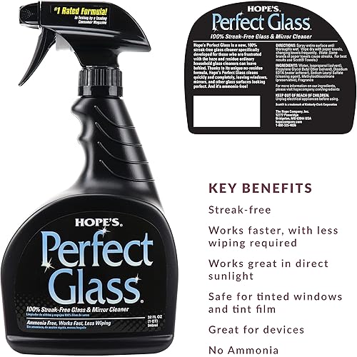 Hope's Perfect Glass Cleaning Spray, Window, Stove Top, Mirror Cleaner Streak-Free, Less Wiping, No Residue, Pack of 2, 32 Ounce, 64 Fl Oz