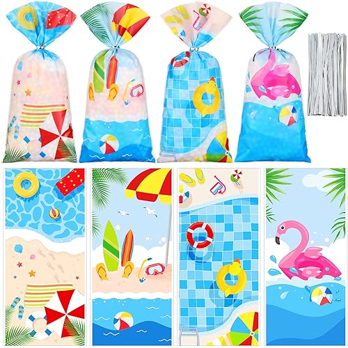 100 PCS Beach Ball Pool Cellophane Bags Summer Gift Treat Bags Beach Goodie Candy Bags with 150 Ties Pool Party Favor Bags for Kids Birthday Baby Shower Summer Holiday Hawaiian Party Decoration