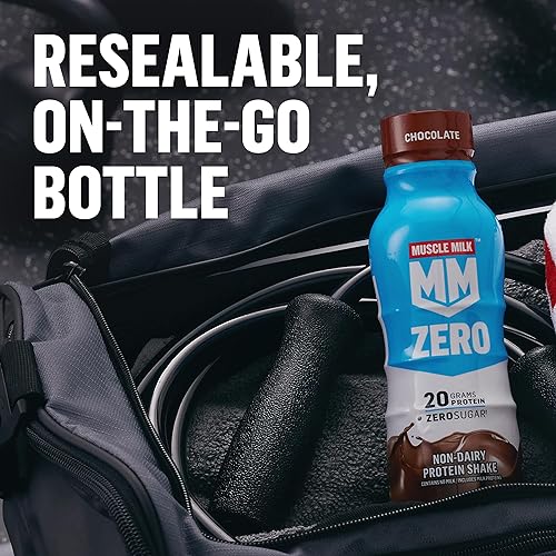 Muscle Milk Zero Protein Shake, Chocolate, 11.16 Fl Oz Bottle, 12 Pack, 20g Protein, Zero Sugar, 100 Calories, Calcium, Vitamins A, C & D, 4g Fiber, Energizing Snack, Workout Recovery, Packaging May Vary