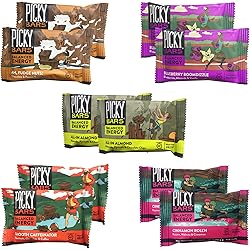 Picky Bars Real Food Energy Bars, Plant Based Protein, All-Natural, Gluten Free, Non-GMO, Non-Dairy, 5 Flavors, Ah Fudge Nuts, All-In Almond, Blueberry Boomdizzle, Cinnamon Roll'n, and Smooth Caffeinator Pack of 10