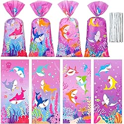 100 Pcs Cute Baby Pink Shark Cellophane Bags Pink Shark Gift Treat Bags Plastic Goodie Candy Bags with 150 Ties Shark Birthday Party Decorations Favors for Girls Shark Themed Baby Shower Party Serves