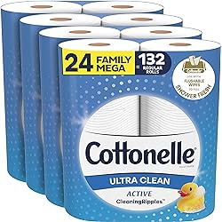 Cottonelle Ultra Clean Toilet Paper with Active CleaningRipples Texture, Strong Bath Tissue, 24 Family Mega Rolls 24 Family Mega Rolls = 132 Regular Rolls 4 Packs of 6 Rolls 388 Sheets per Roll