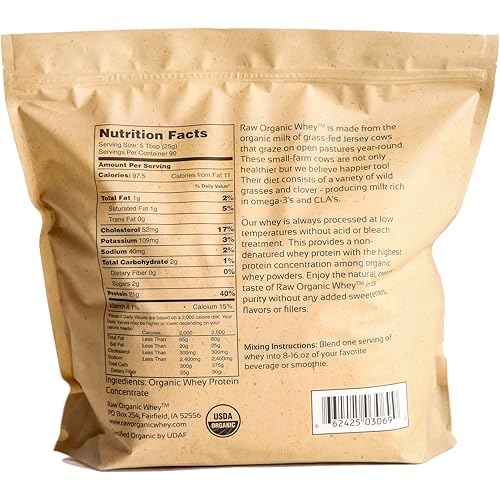 Raw Organic Whey 5LB - USDA Certified Organic Whey Protein Powder, Happy Healthy Cows, COLD PROCESSED Undenatured 100% Grass Fed NON-GMO rBGH Free Gluten Free, Unflavored, Unsweetened5 LB BULK